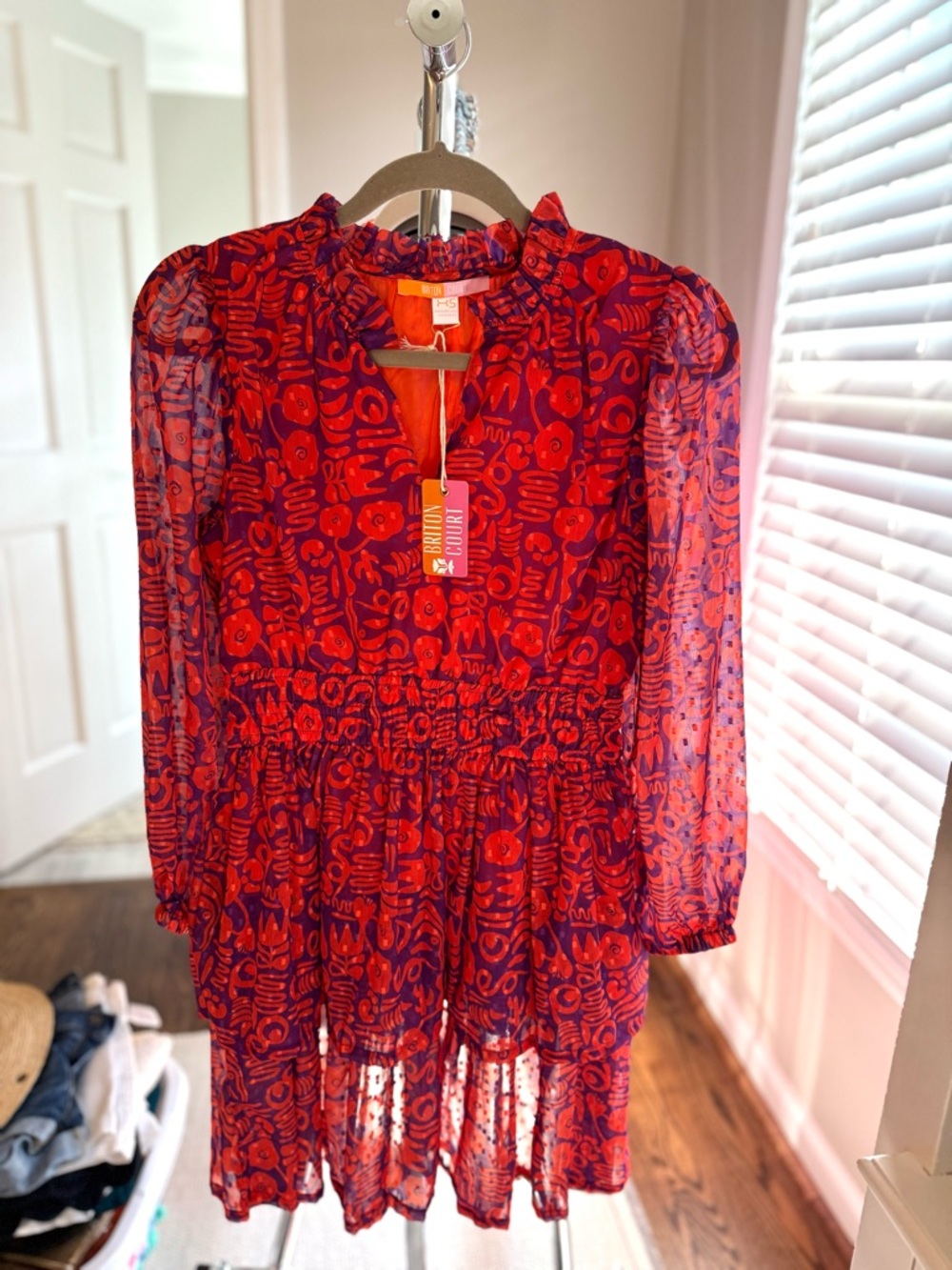 Women’s Red & Purple Printed Long Sleeve Tiered Dress